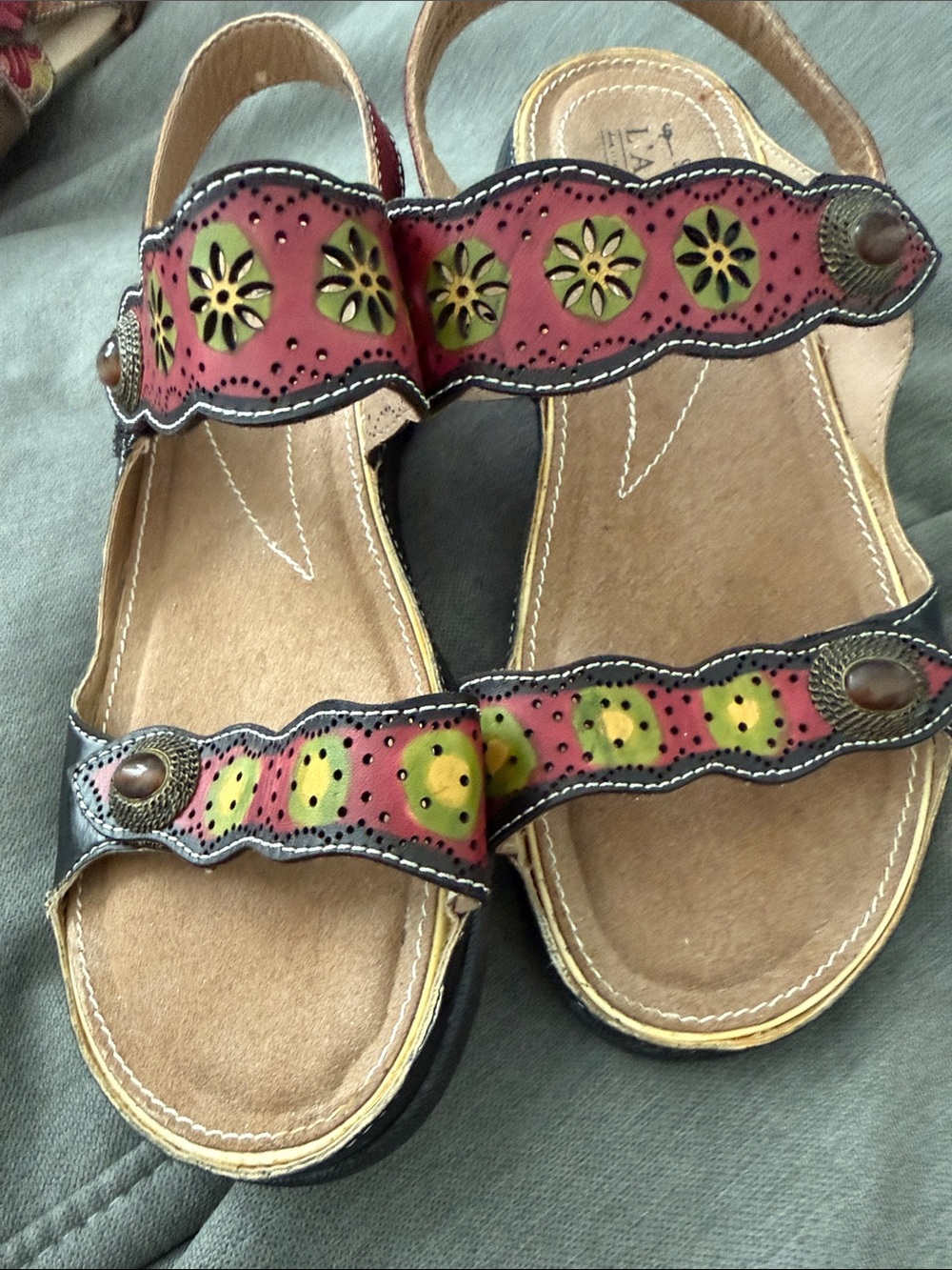 Spring Step Red and Olive Floral Leather Sandals